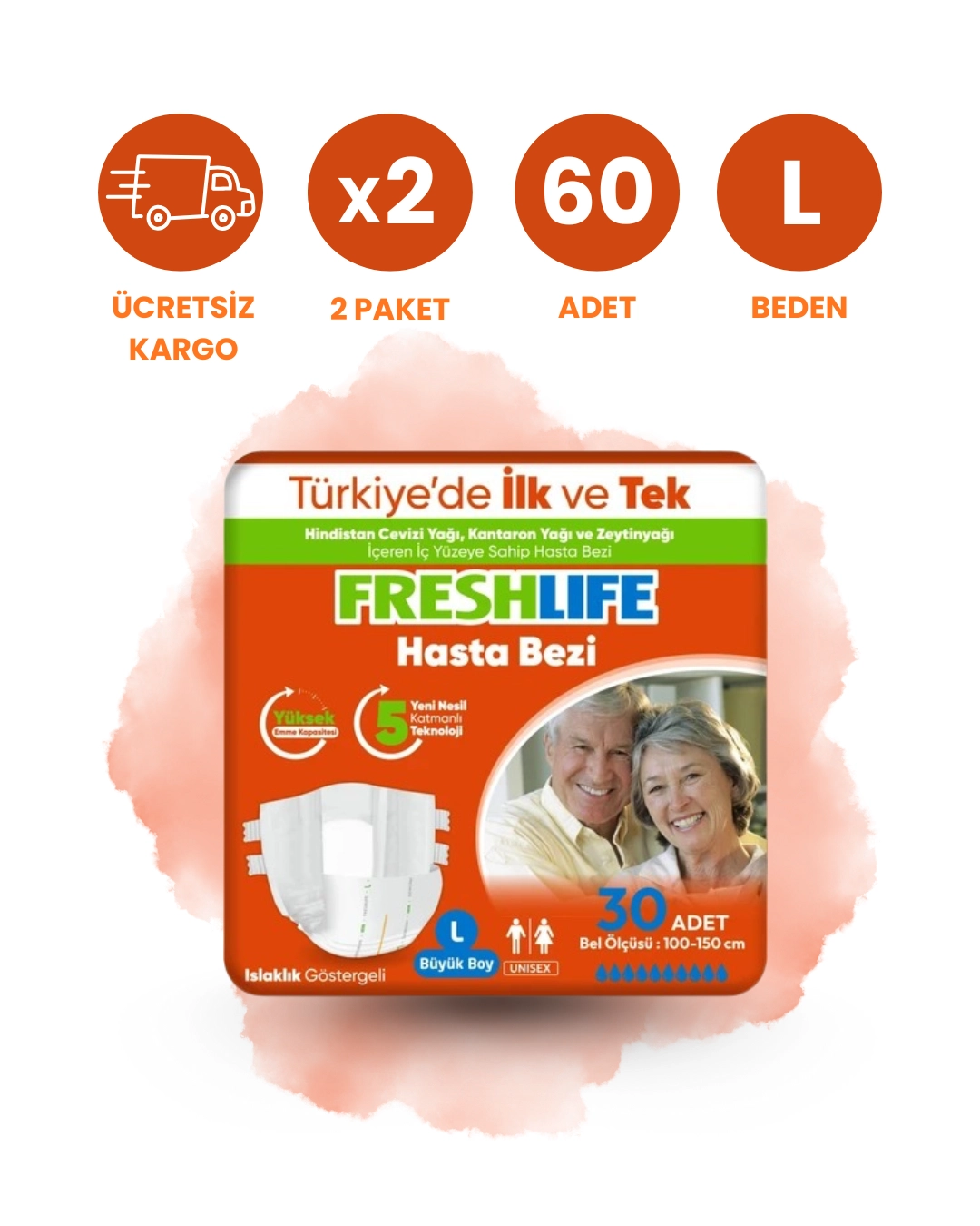 Freshlife Bel Bantlı Hasta Bezi (L) 60 Adet