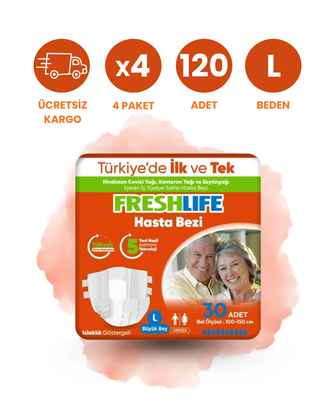Freshlife Bel Bantlı Hasta Bezi (L) 120 Adet