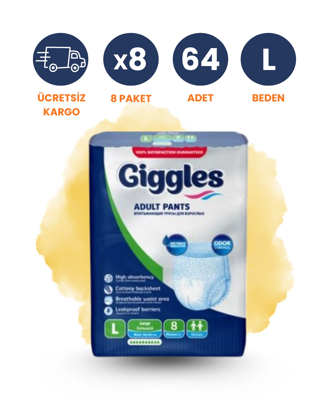 Giggles Külotlu Hasta Bezi Emici Külot (L) 64 Adet